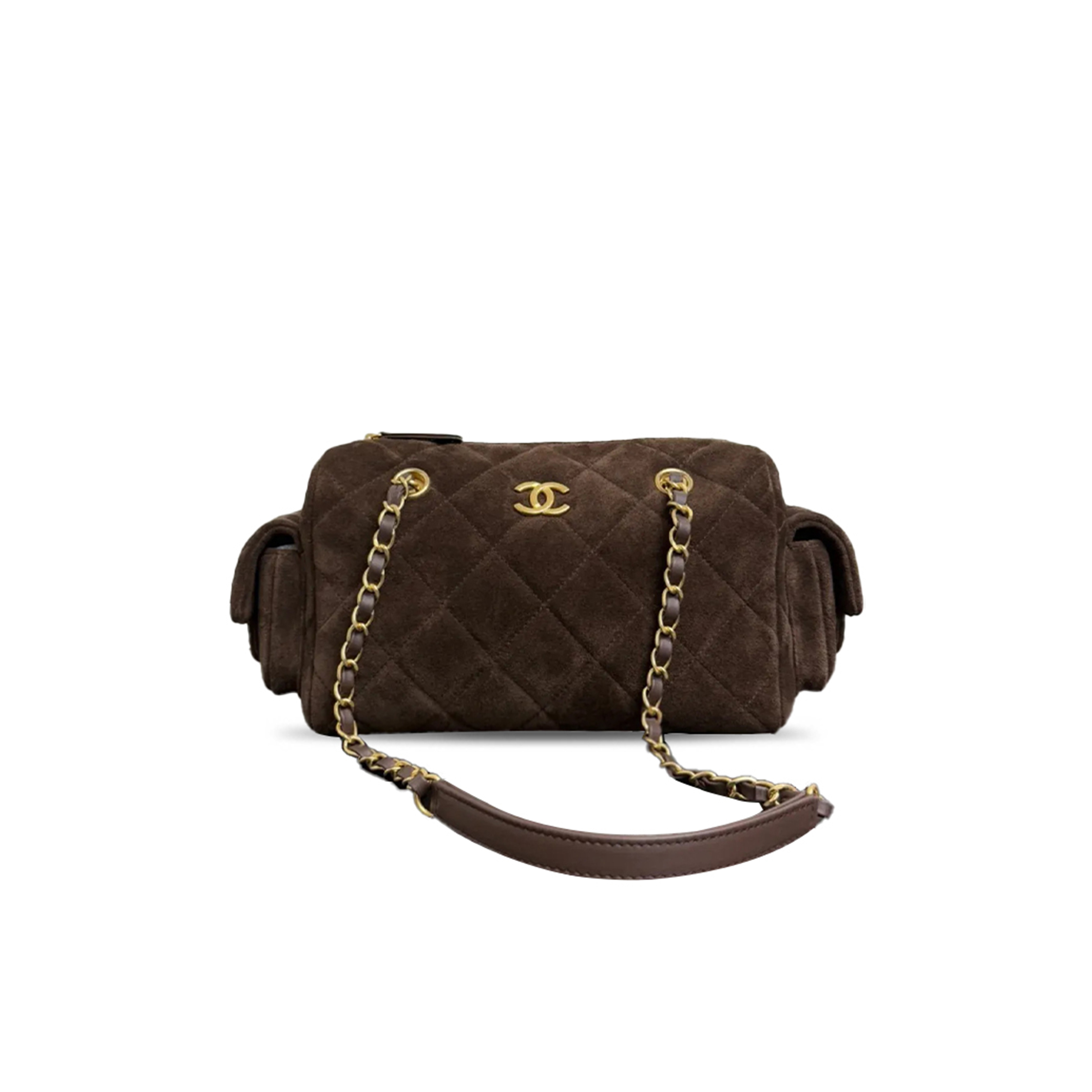 Ch**el small bowling bag dark brown suede antique gold hardware (24*15.5*11.5cm)